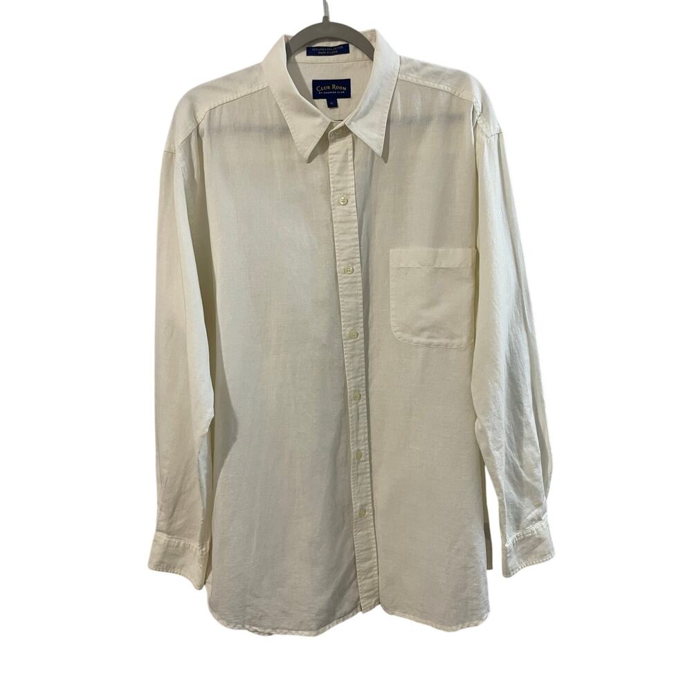 Club Room Men's Linen Blend Button Down Shirt Off White Long Sleeve Size XL